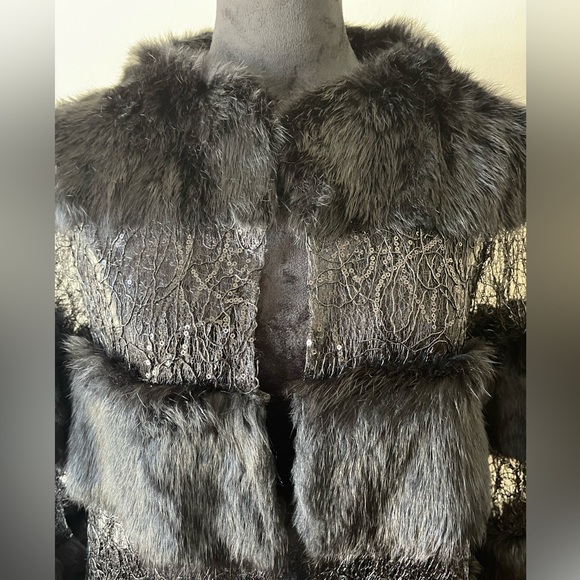 NWT Alberto Makali 100% rabbit fur w/ lace/sequin combo jacket, size L - Picture 6 of 13